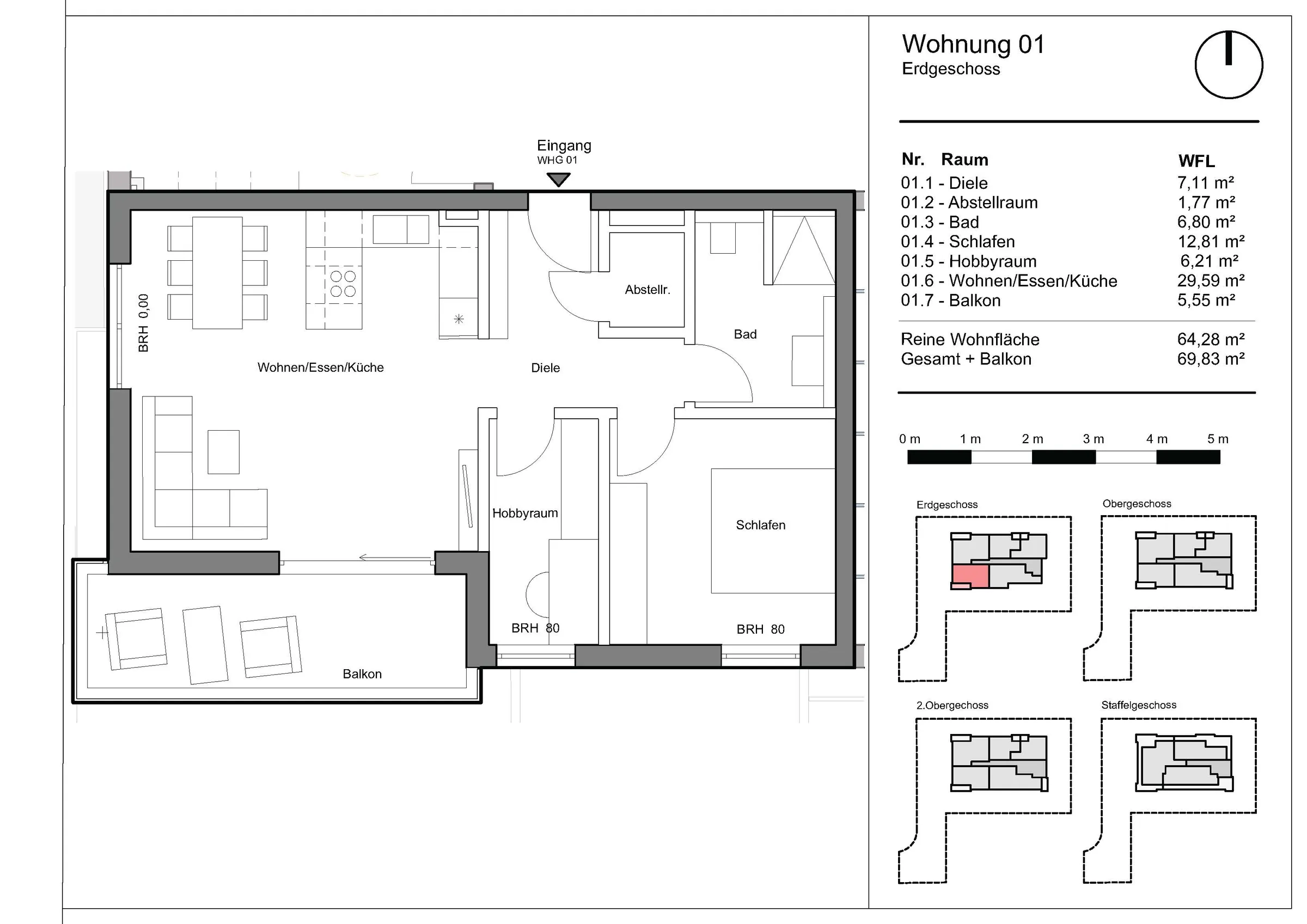 Grundriss Wohnung 1, Wohnen am Grünzug, Saarburg-Beurig: Erdgeschoss, 64,28 m² Wohnfläche, Balkon