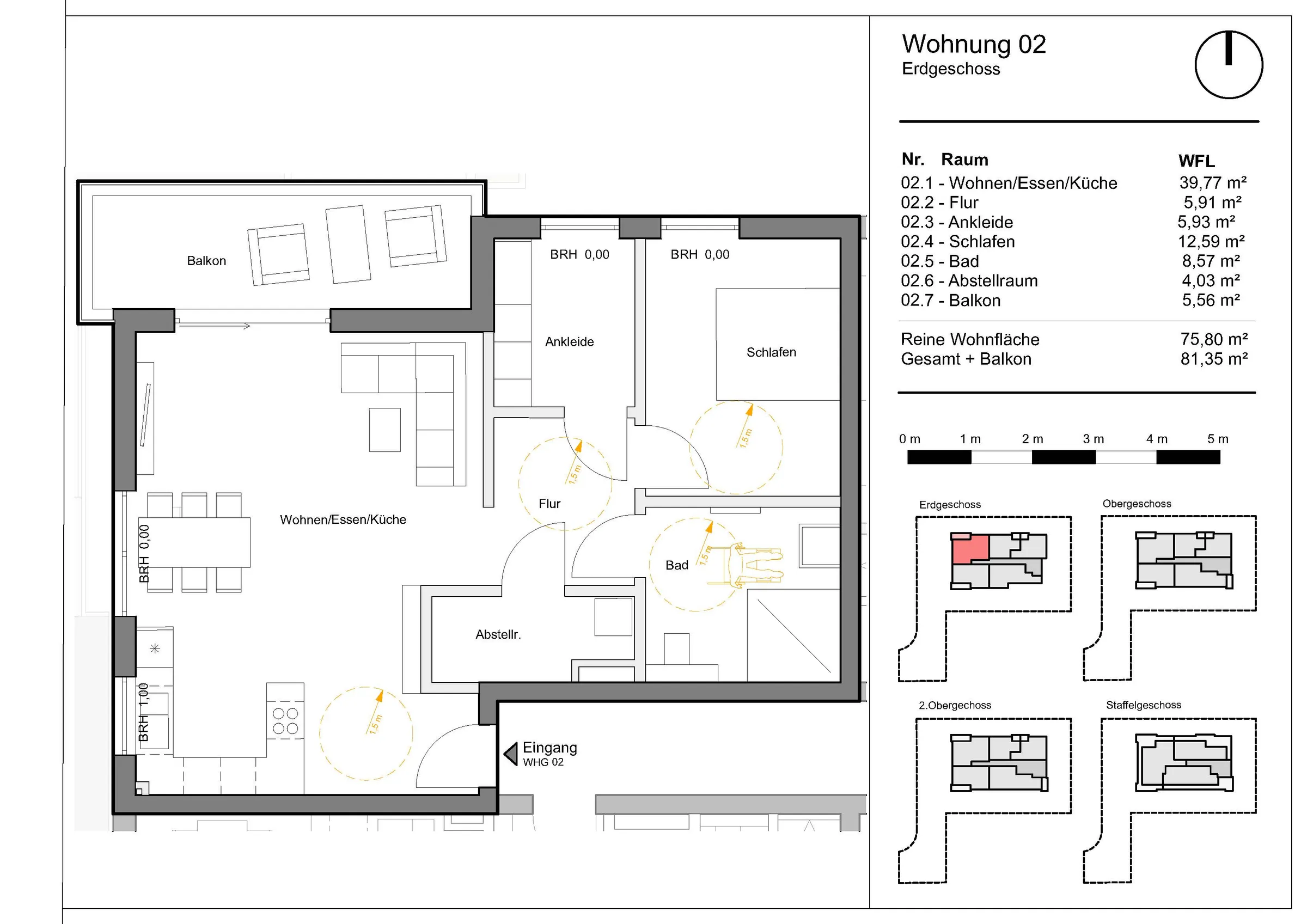 Grundriss Wohnung 2, Wohnen am Grünzug, Saarburg-Beurig: Erdgeschoss, 75,80 m² Wohnfläche, Balkon