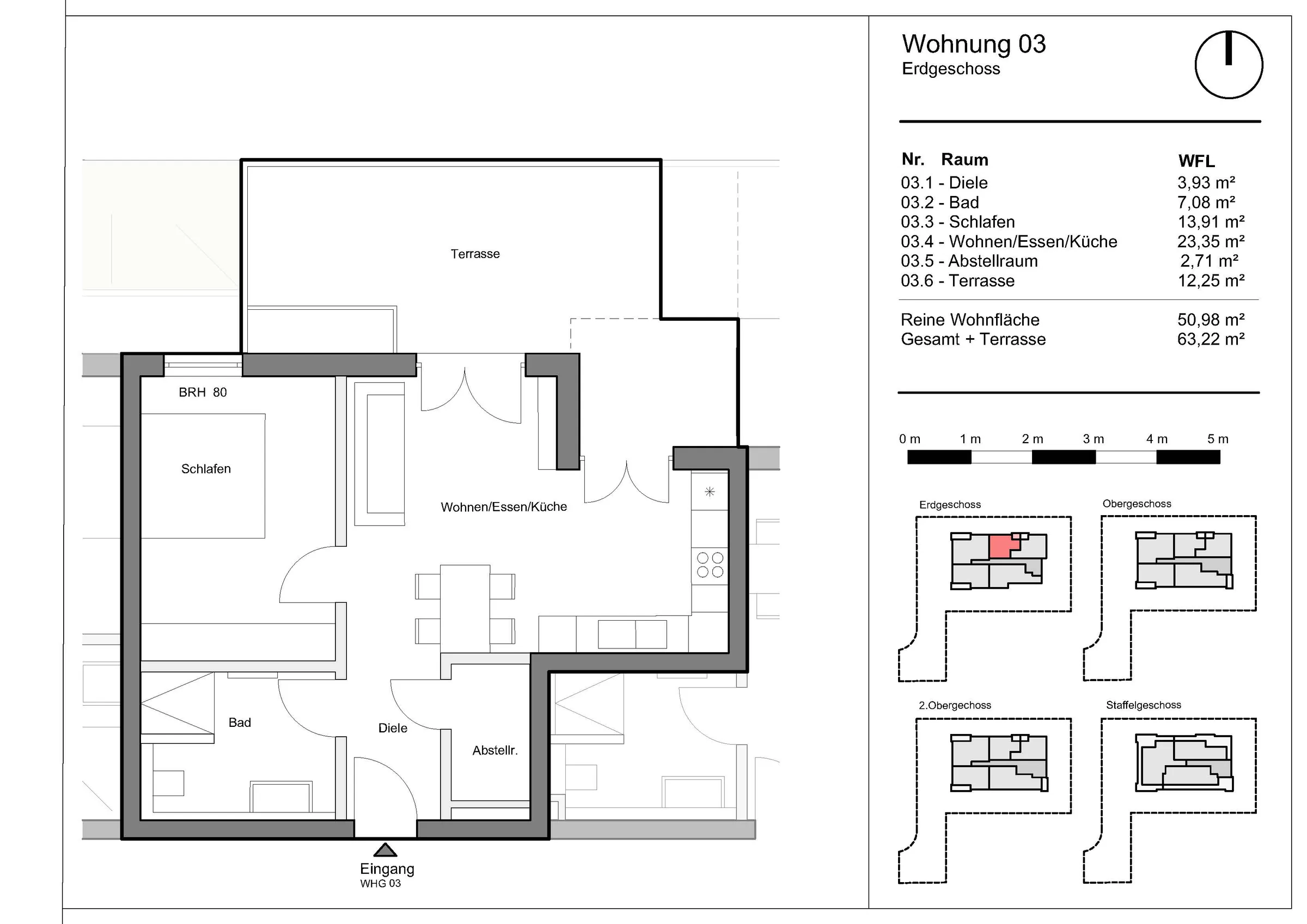 Grundriss Wohnung 3, Wohnen am Grünzug, Saarburg-Beurig: Erdgeschoss, 50,98 m² Wohnfläche, Terrasse