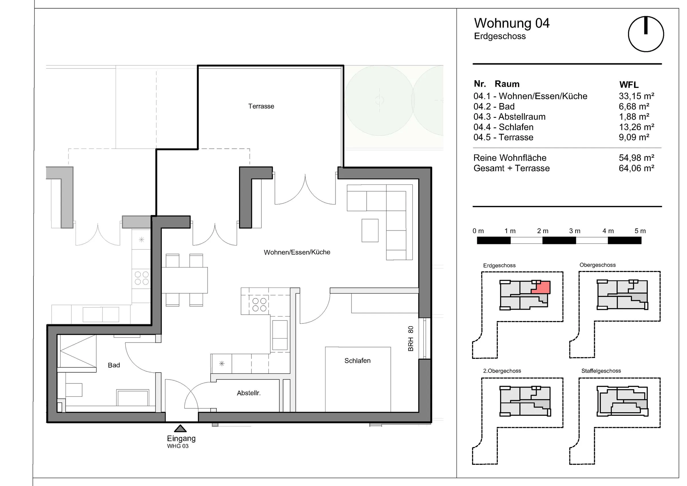 Grundriss Wohnung 4, Wohnen am Grünzug, Saarburg-Beurig: Erdgeschoss, 54,98 m² Wohnfläche, Terrasse