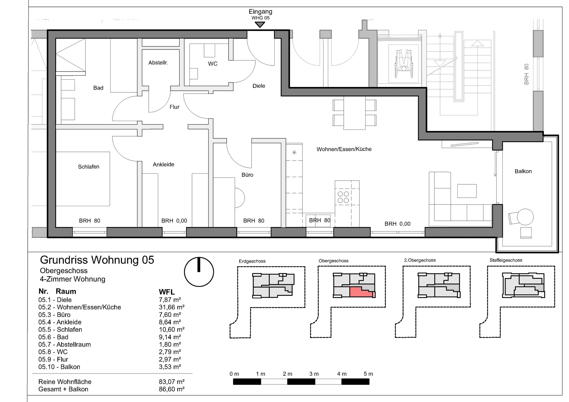 Grundriss Wohnung 5, Wohnen am Grünzug, Saarburg-Beurig: 1. Obergeschoss, 83,07 m² Wohnfläche, Balkon