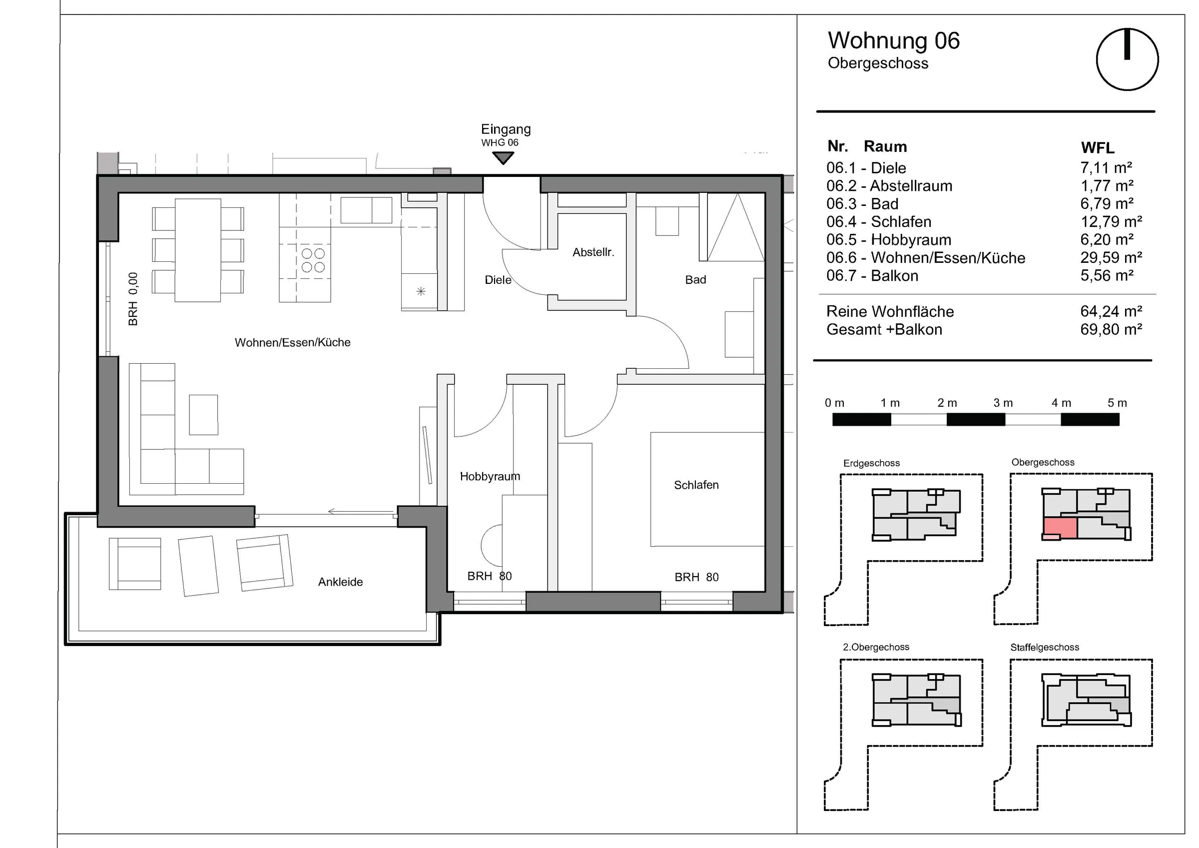 Grundriss Wohnung 6, Wohnen am Grünzug, Saarburg-Beurig: 1. Obergeschoss, 64,24 m² Wohnfläche, Balkon