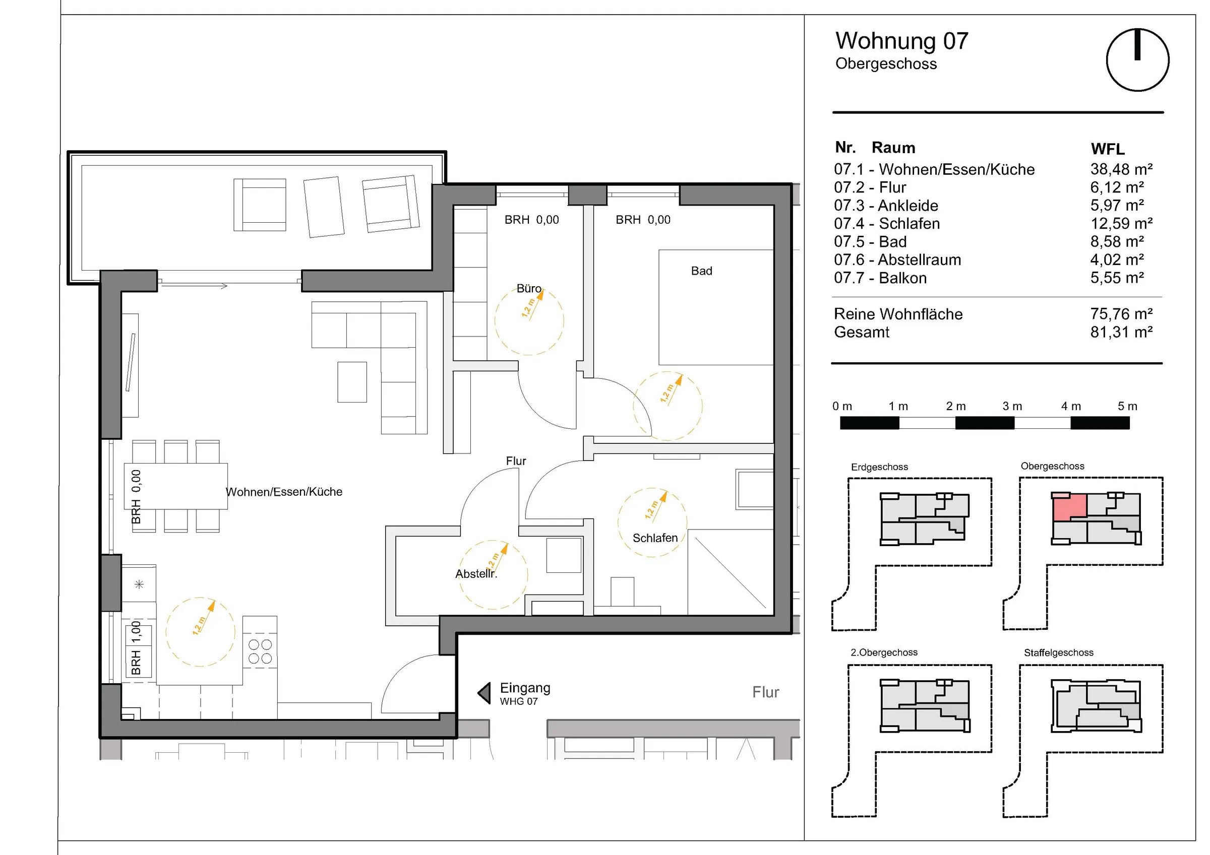 Grundriss Wohnung 7, Wohnen am Grünzug, Saarburg-Beurig: 1. Obergeschoss, 75,76 m² Wohnfläche, Balkon