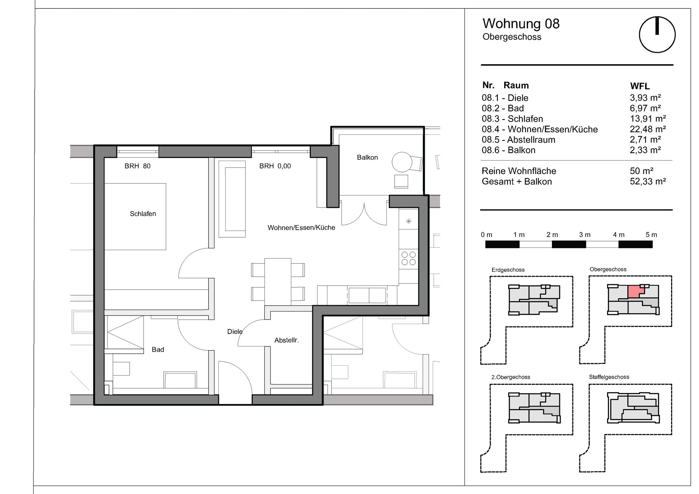 Grundriss Wohnung 8, Wohnen am Grünzug, Saarburg-Beurig: 1. Obergeschoss, 50,00 m² Wohnfläche, Balkon