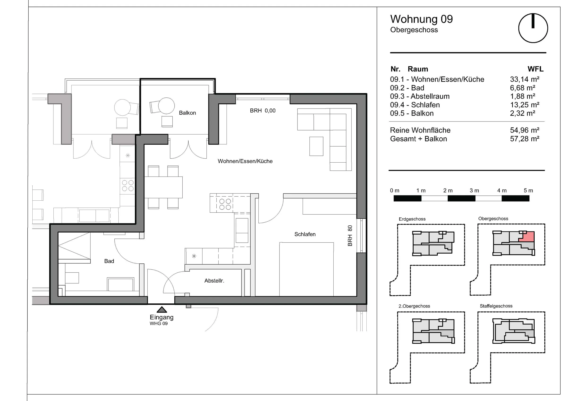 Grundriss Wohnung 9, Wohnen am Grünzug, Saarburg-Beurig: 1. Obergeschoss, 54,96 m² Wohnfläche, Balkon