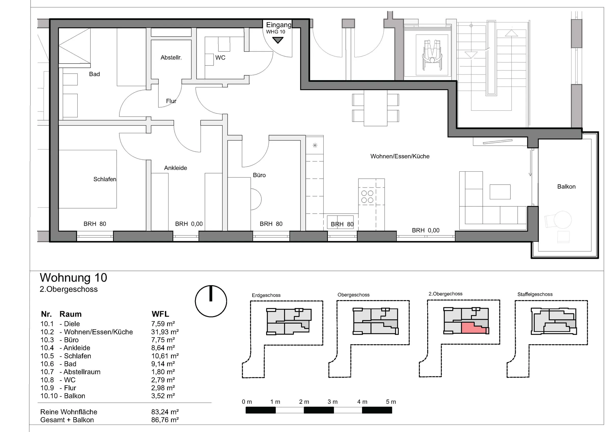 Grundriss Wohnung 10, Wohnen am Grünzug, Saarburg-Beurig: 2. Obergeschoss, 83,24 m² Wohnfläche, Balkon