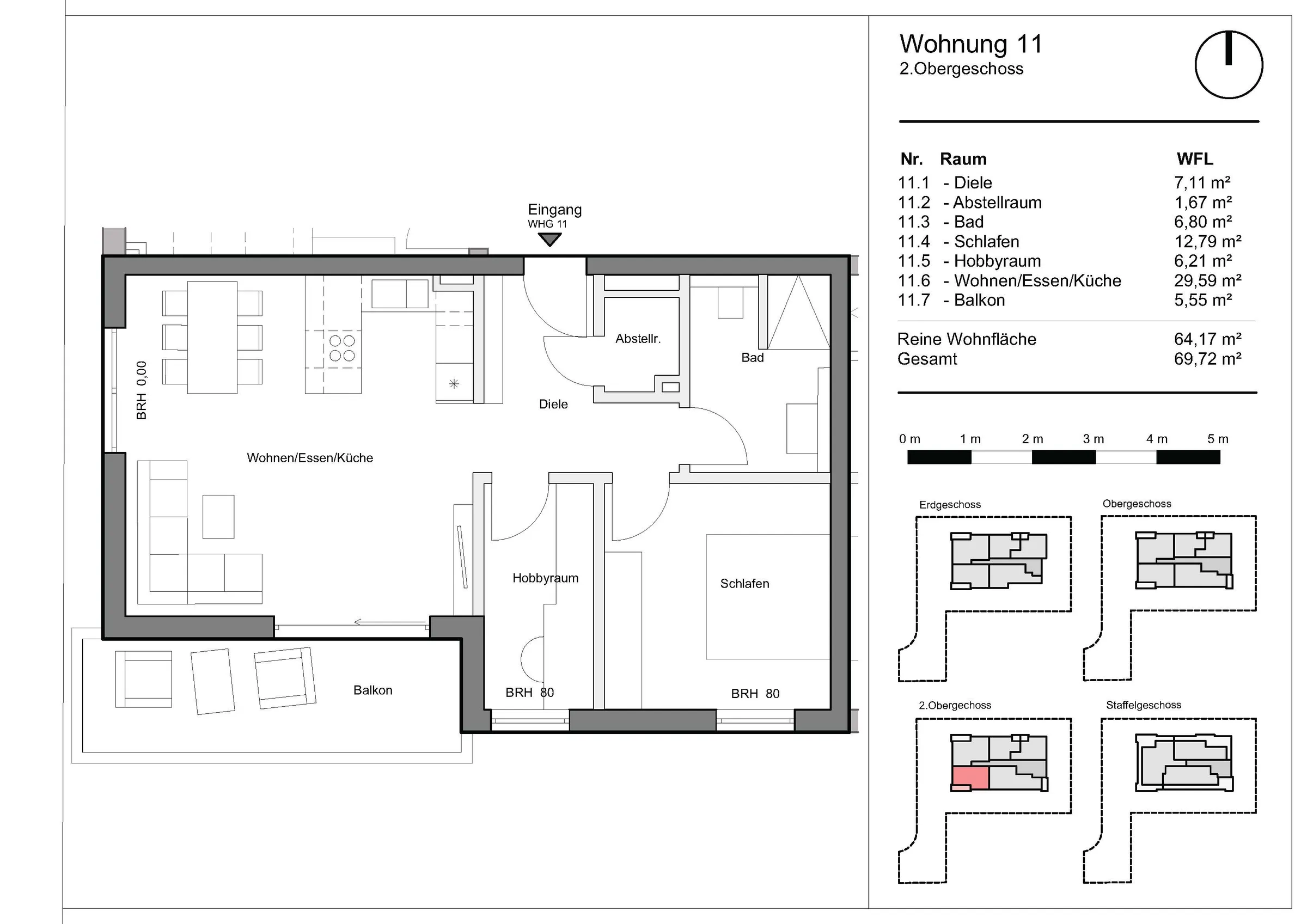 Grundriss Wohnung 11, Wohnen am Grünzug, Saarburg-Beurig: 2. Obergeschoss, 64,17 m² Wohnfläche, Balkon