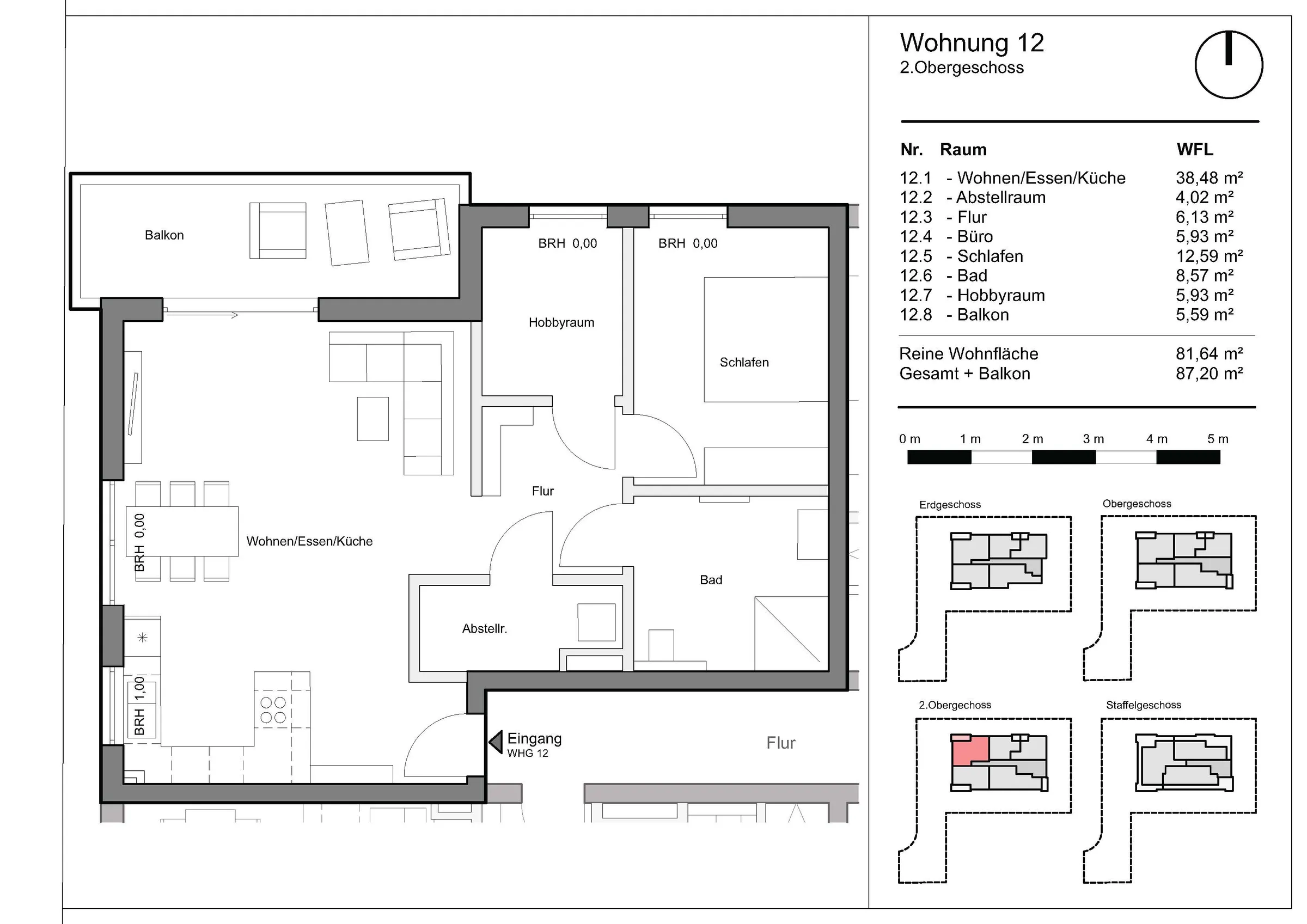 Grundriss Wohnung 12, Wohnen am Grünzug, Saarburg-Beurig: 2. Obergeschoss, 81,64 m² Wohnfläche, Balkon
