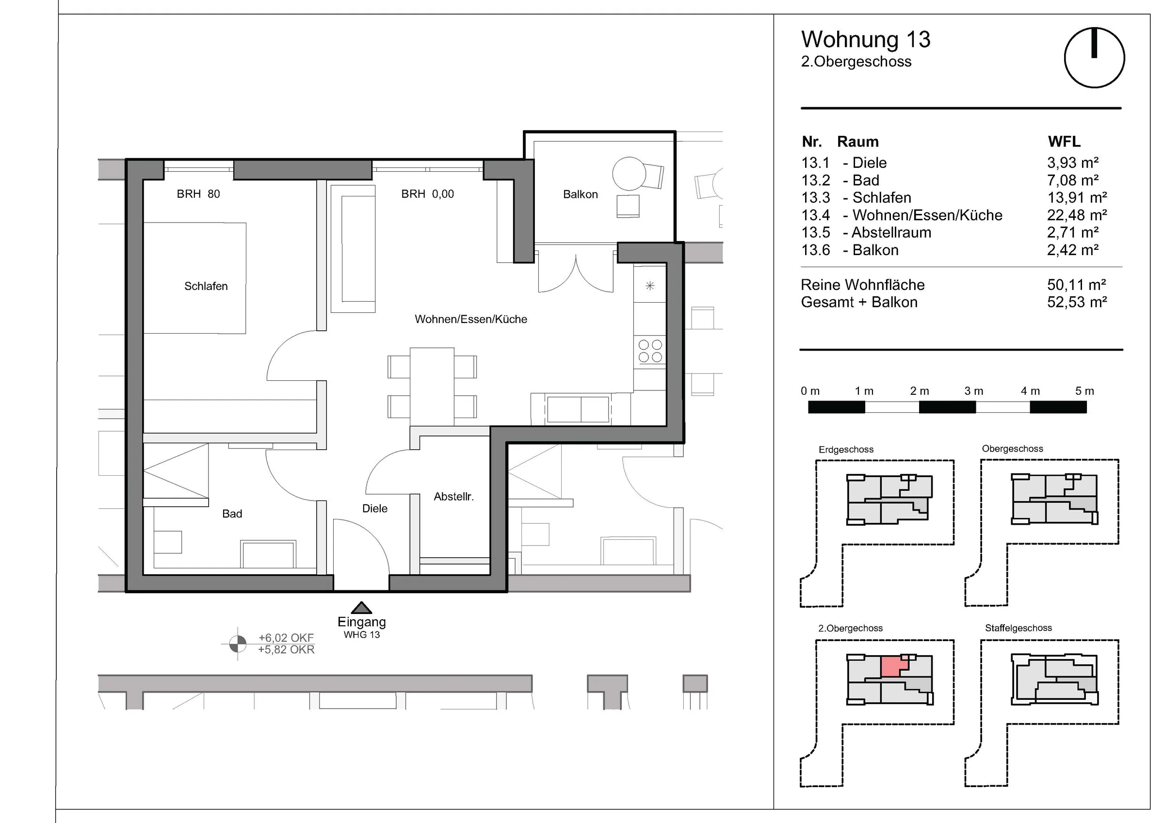 Grundriss Wohnung 13, Wohnen am Grünzug, Saarburg-Beurig: 2. Obergeschoss, 50,11 m² Wohnfläche, Balkon