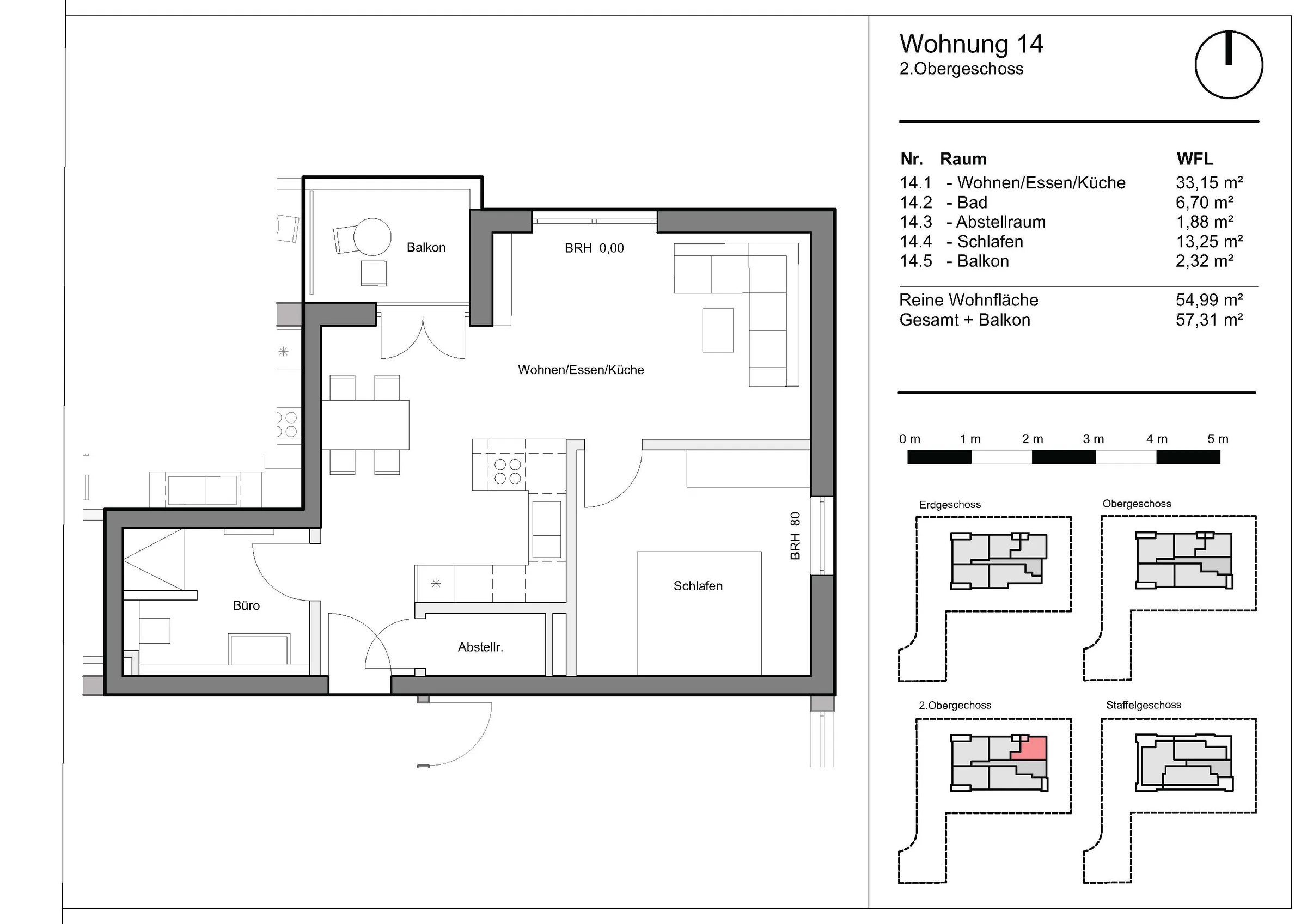 Grundriss Wohnung 14, Wohnen am Grünzug, Saarburg-Beurig: 2. Obergeschoss, 54,99 m² Wohnfläche, Balkon