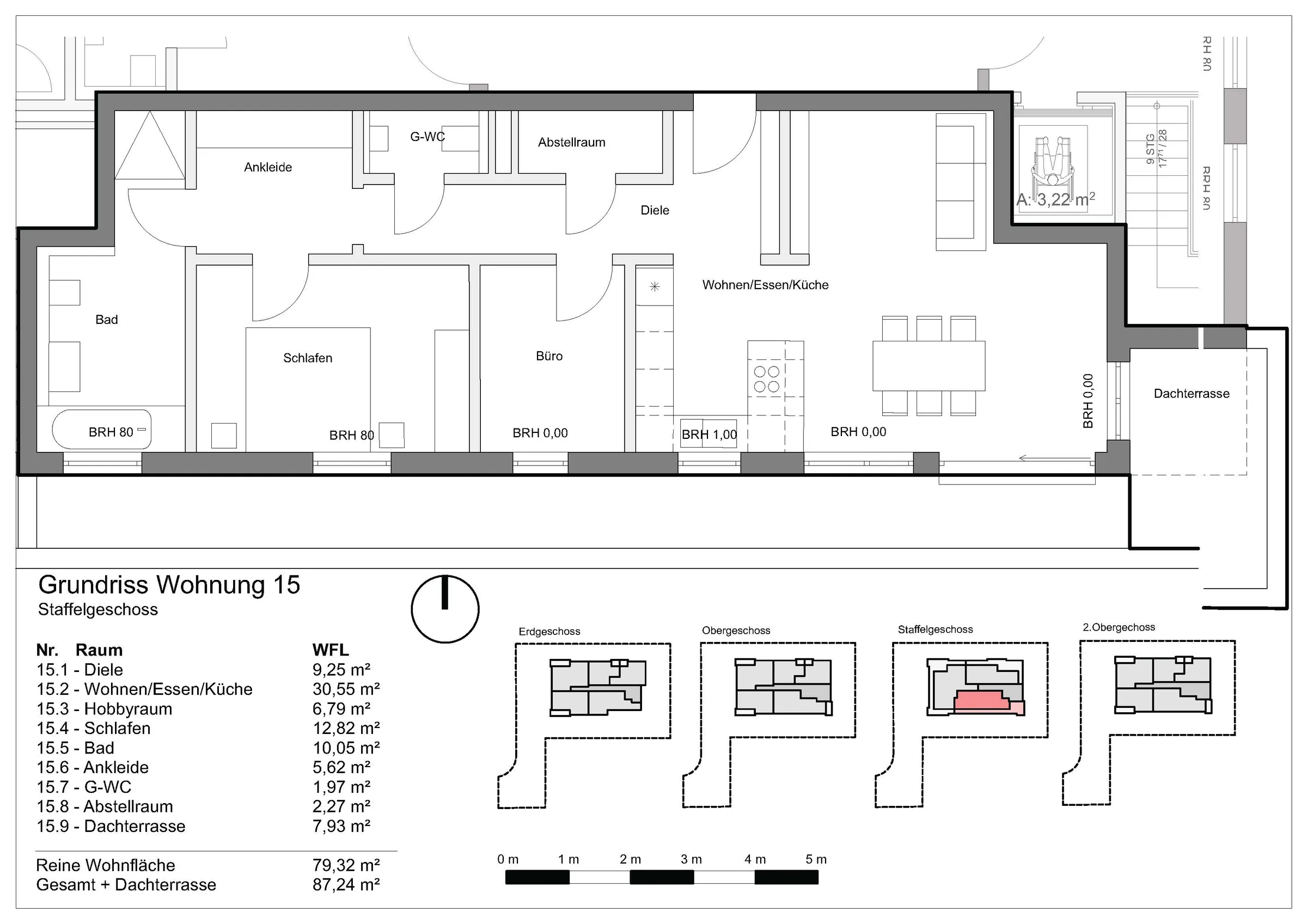 Grundriss Wohnung 15, Wohnen am Grünzug, Saarburg-Beurig: Penthaus, 79,32 m² Wohnfläche, Dachterrasse