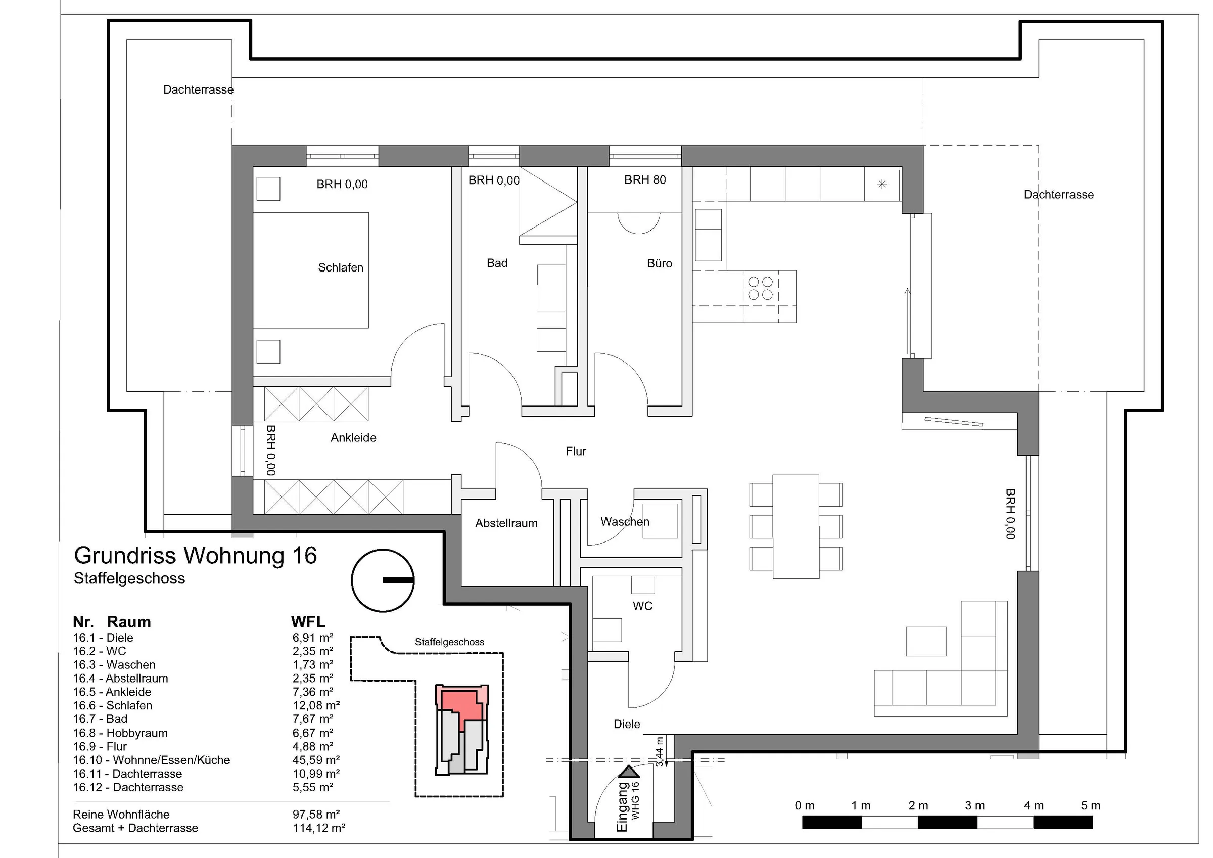 Grundriss Wohnung 16, Wohnen am Grünzug, Saarburg-Beurig: Penthaus, 97,58 m² Wohnfläche, Dachterrasse
