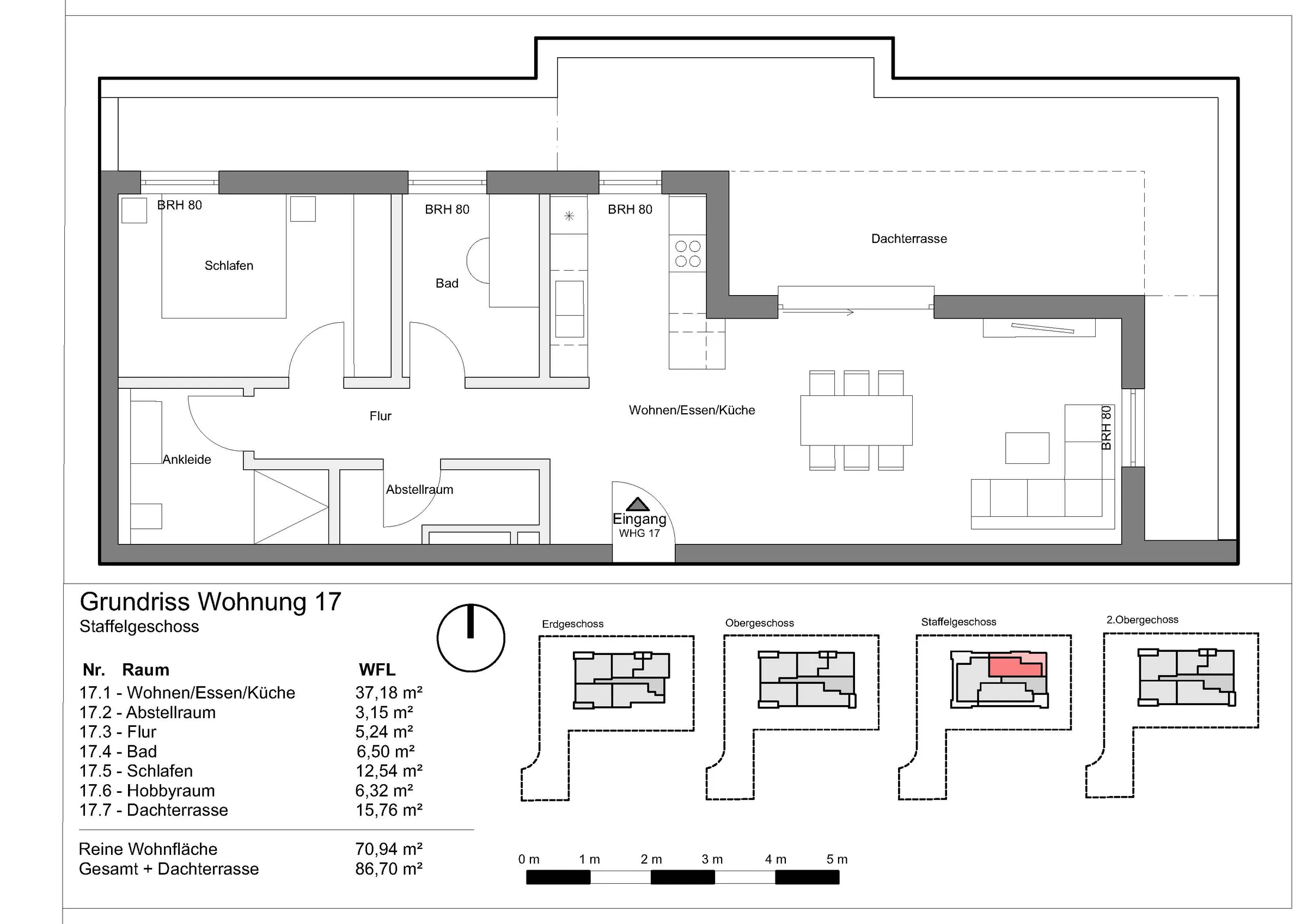 Grundriss Wohnung 17, Wohnen am Grünzug, Saarburg-Beurig: Penthaus, 70,94 m² Wohnfläche, Dachterrasse