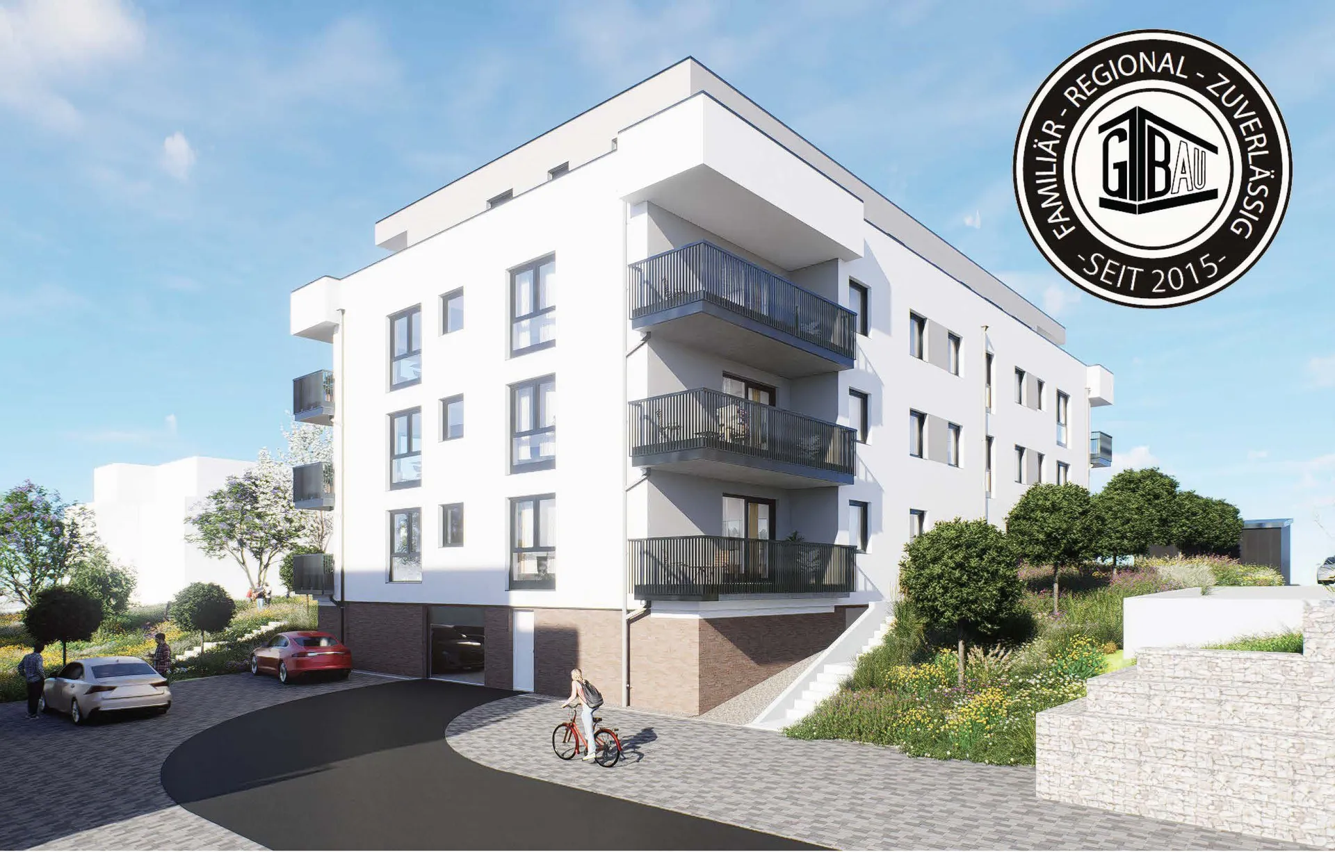 Visualisierung Wohnen am Grünzug, Saarburg-Beurig: Eckansicht mit Balkonen und Tiefgarageneinfahrt