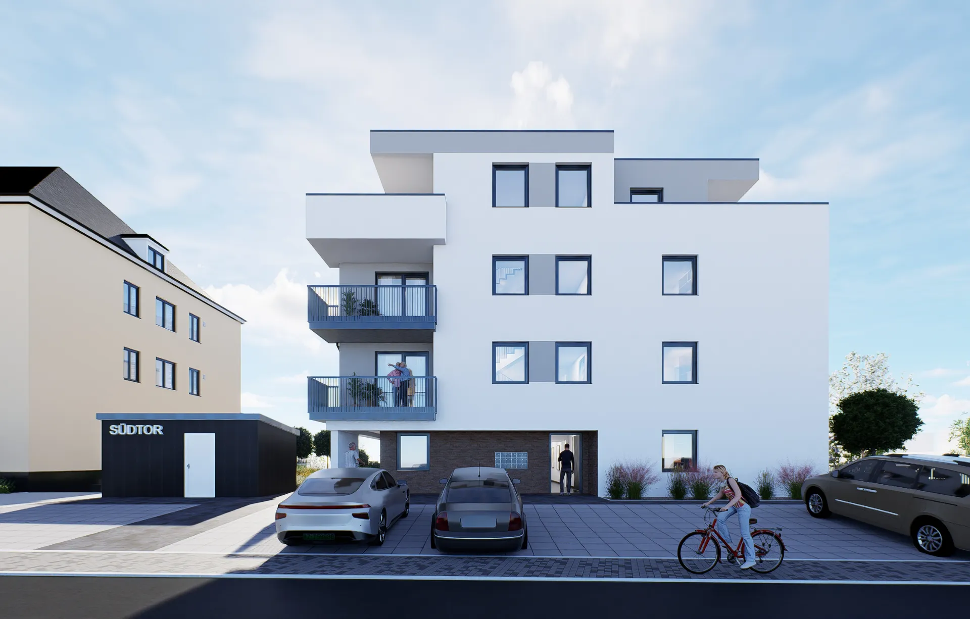 Visualisierung Wohnen am Grünzug, Saarburg-Beurig: Straßenseite mit Haupteingang und Stellplätzen