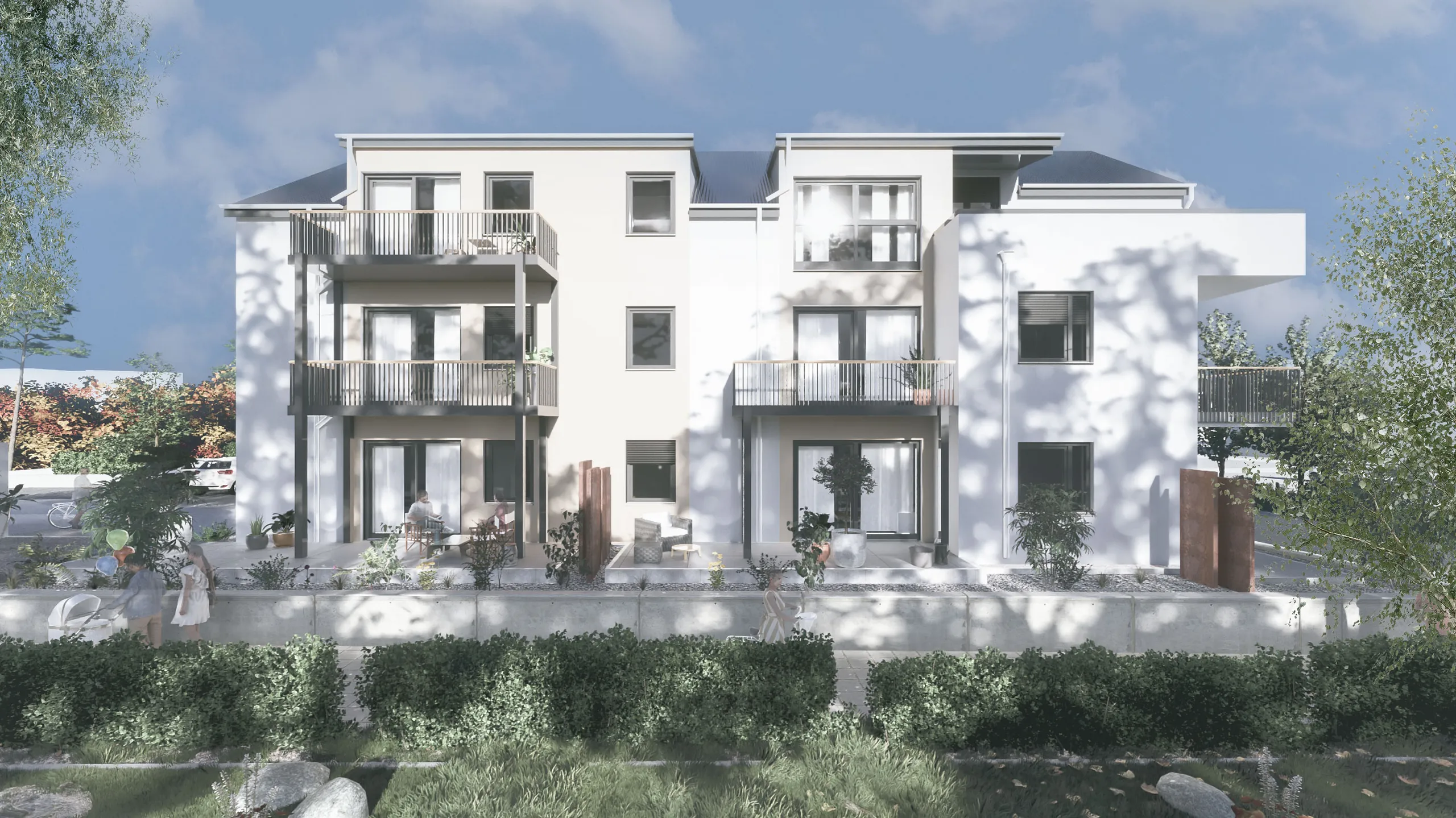 Visualisierung Wohnen am Park, Klosterstraße 25, Saarburg-Beurig: Gartenansicht mit Balkonen und Terrassen