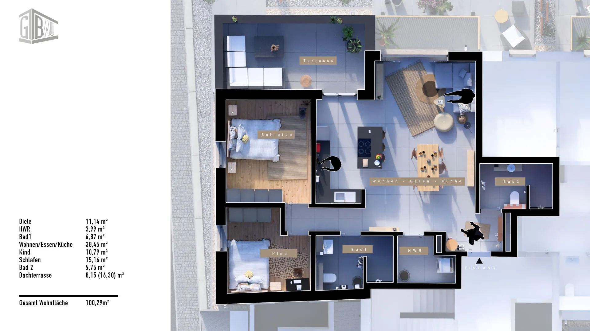 Wohnen am Park, Saarburg: 3D-Grundriss einer Dachgeschosswohnung mit rund 100 m² Wohnfläche