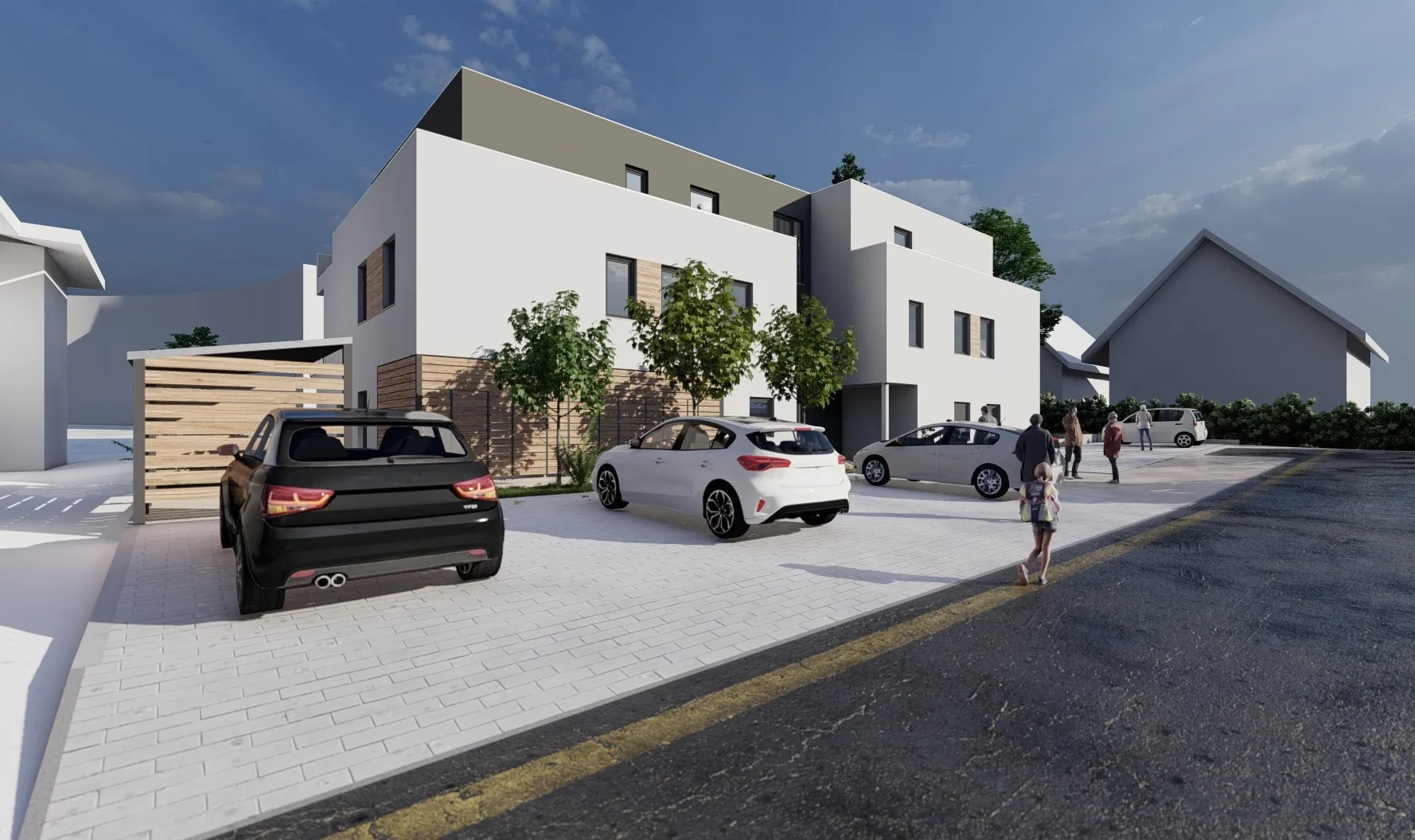 Visualisierung Wohnen im Luftkurort, In der Perch 9, Weiskirchen: Straßenansicht mit Stellplätzen