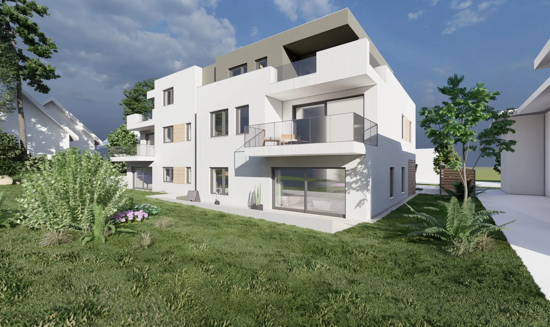 Visualisierung Wohnen im Luftkurort, Weiskirchen: Gartenansicht mit Loggien und Dachterrasse
