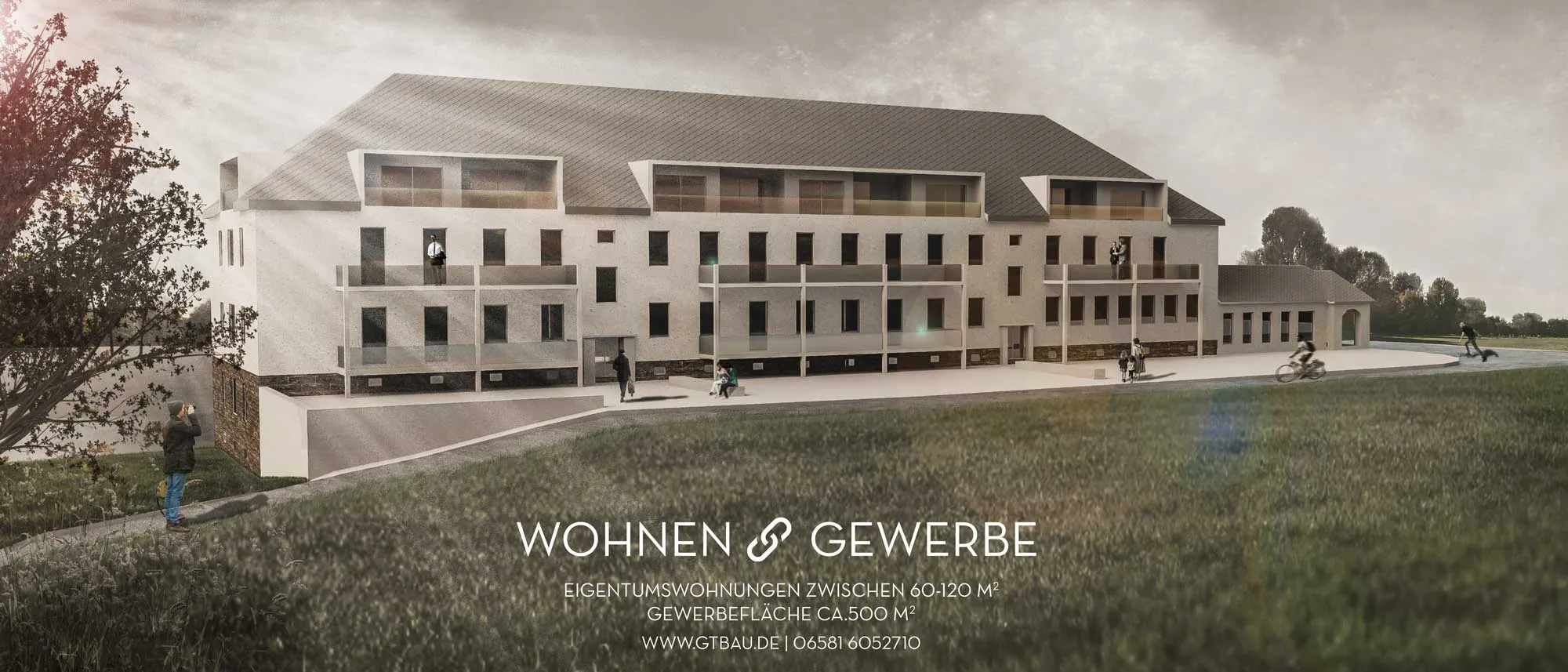 Visualisierung Wohnen & Gewerbe Saarburg: ehemaliges Kasernengebäude in der Irscher Straße, Saarburg-Beurig, mit Balkonen und Dachterrassen