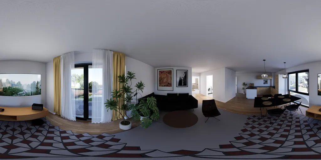 360°-Panorama Wohnen/Essen, Visualisierung Wohnung 02 (Erdgeschoss), Wohnen am Grünzug, Saarburg-Beurig