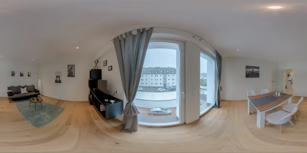 360°-Panorama: Wohnzimmer der Musterwohnung „Alger“ in der Cité Nord Saarburg